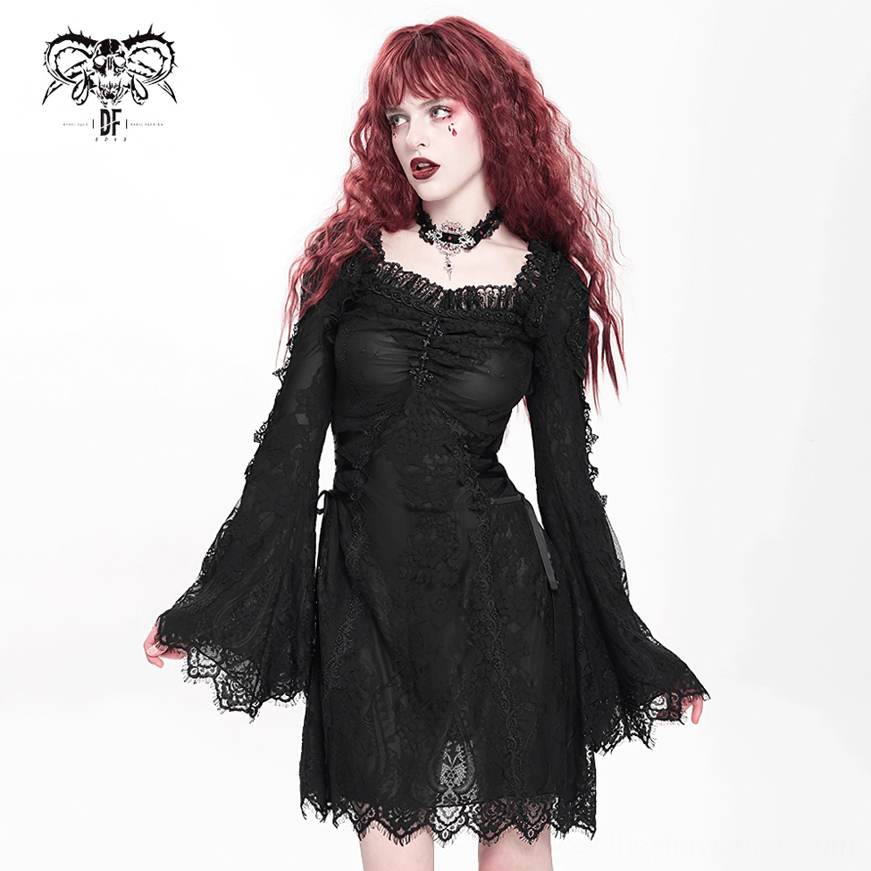 Black gothic lace mini dress front view showing square neckline with lace ruffles and fitted waist