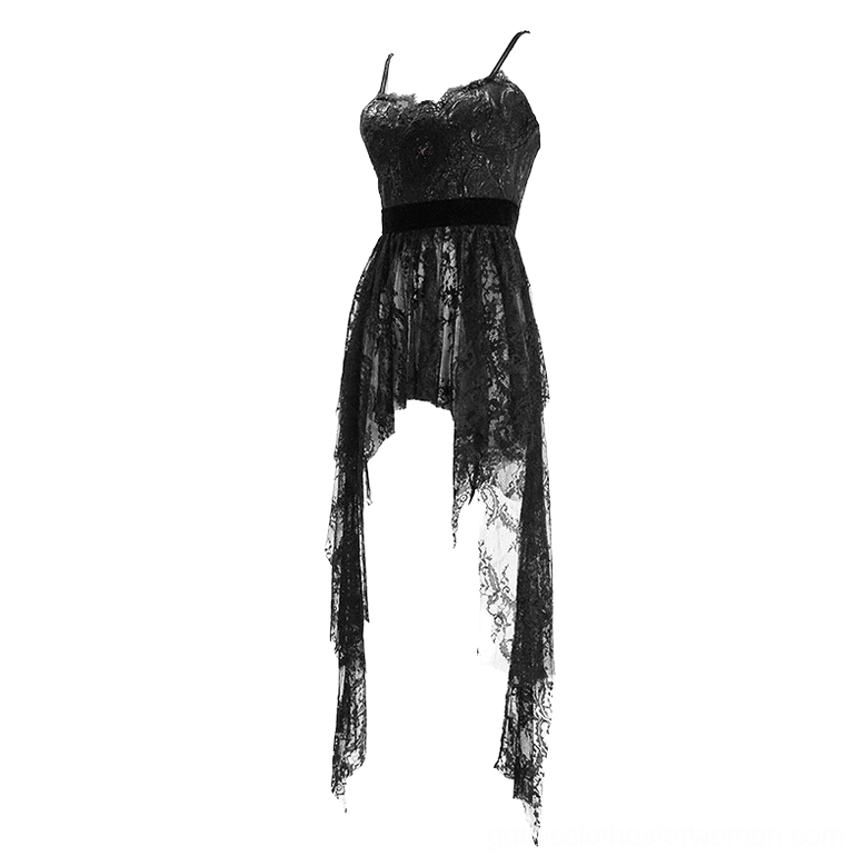 Black gothic sleeveless lace dress flat lay showing spaghetti strap construction and velvet trim detail on asymmetric hemline