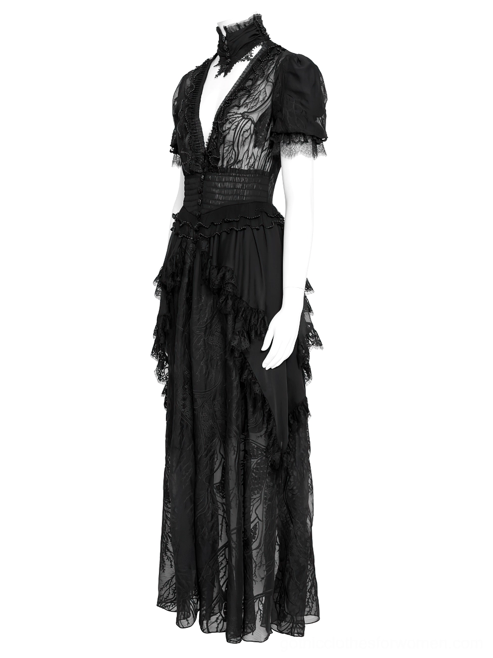 Black gothic lace maxi dress three-quarter view showing asymmetrical ruffled hem, high choker neck, and sheer lace panels