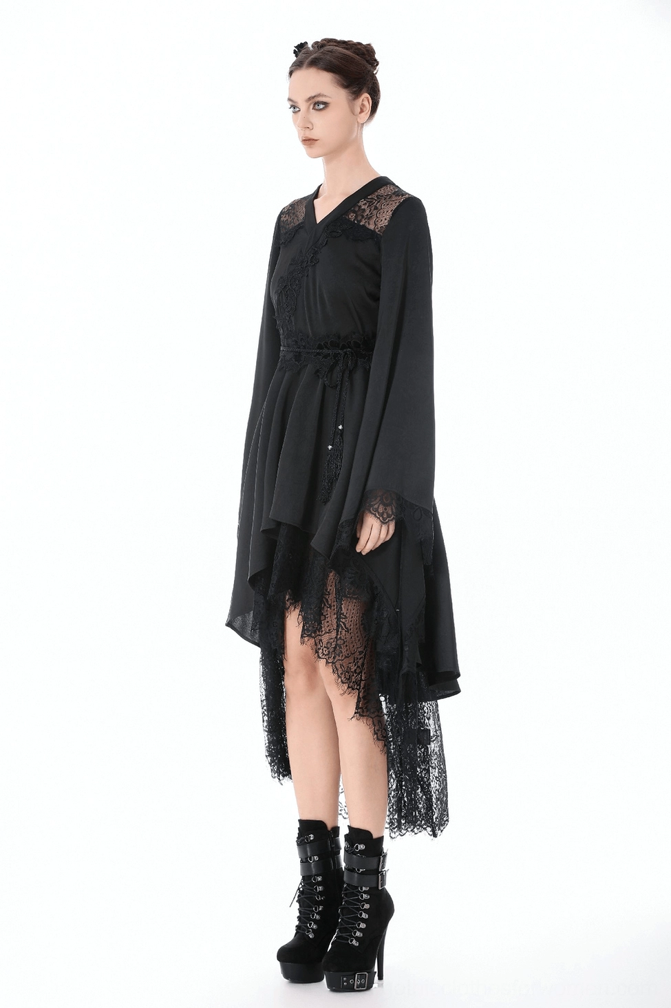 Black gothic V-neckline lace midi dress detail with shoulder lace panels and bell sleeves
