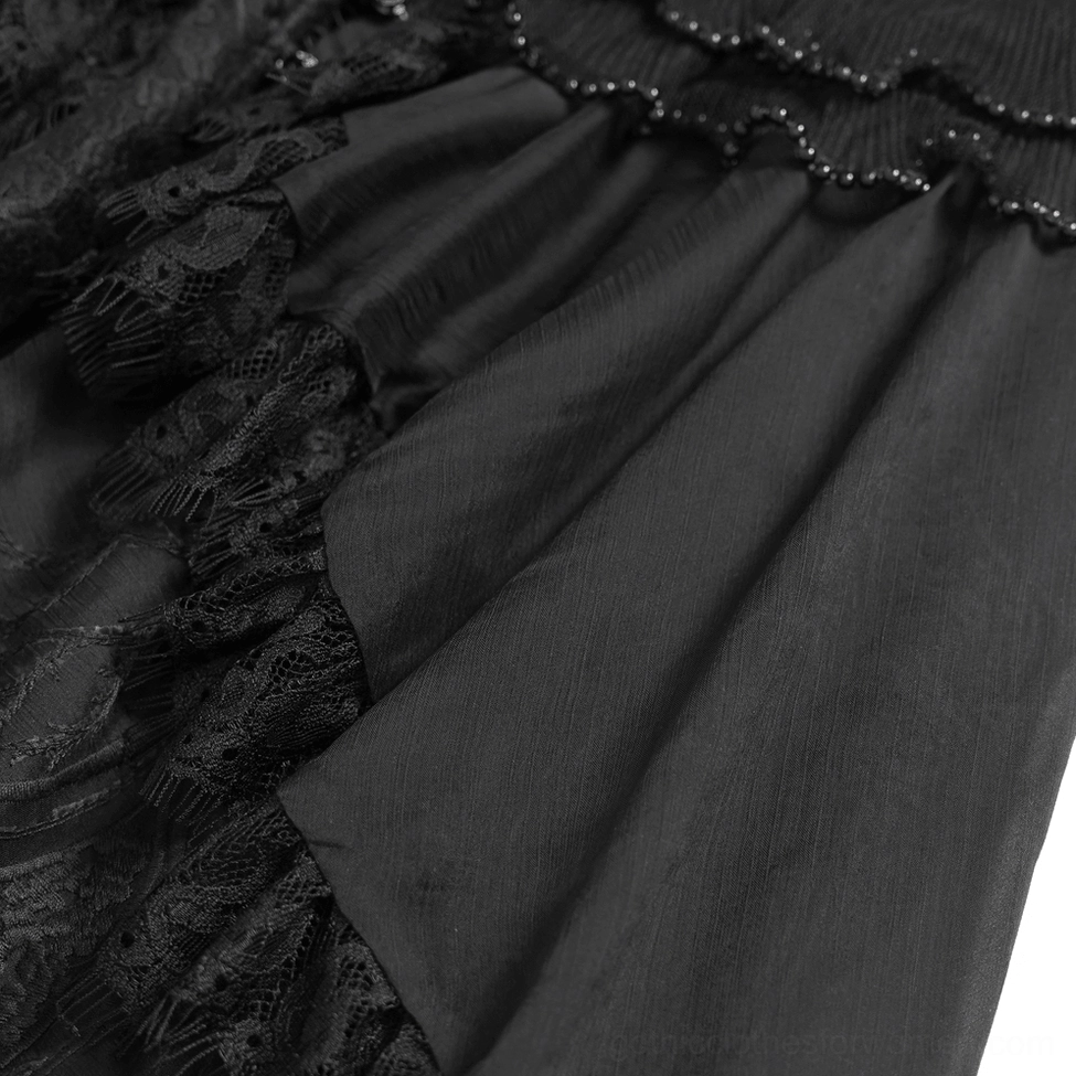 Black gothic lace maxi dress angled view demonstrating corset-style waist definition and layered mesh texture