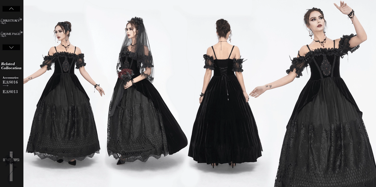 Complete black gothic lace evening dress presentation - full garment showing all design elements and silhouette