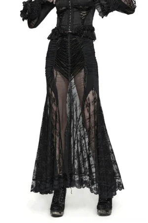 Black gothic lace fishtail maxi skirt with sheer mesh panels and ruched front detail, front full-body view on model