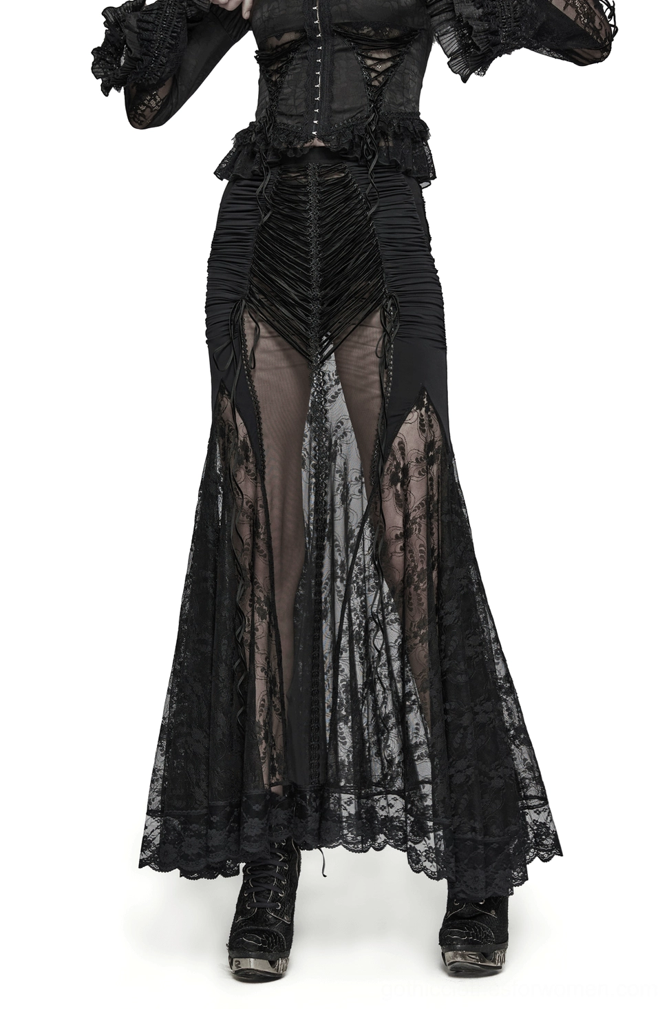 Black gothic lace fishtail maxi skirt with sheer mesh panels and ruched front detail, front full-body view on model