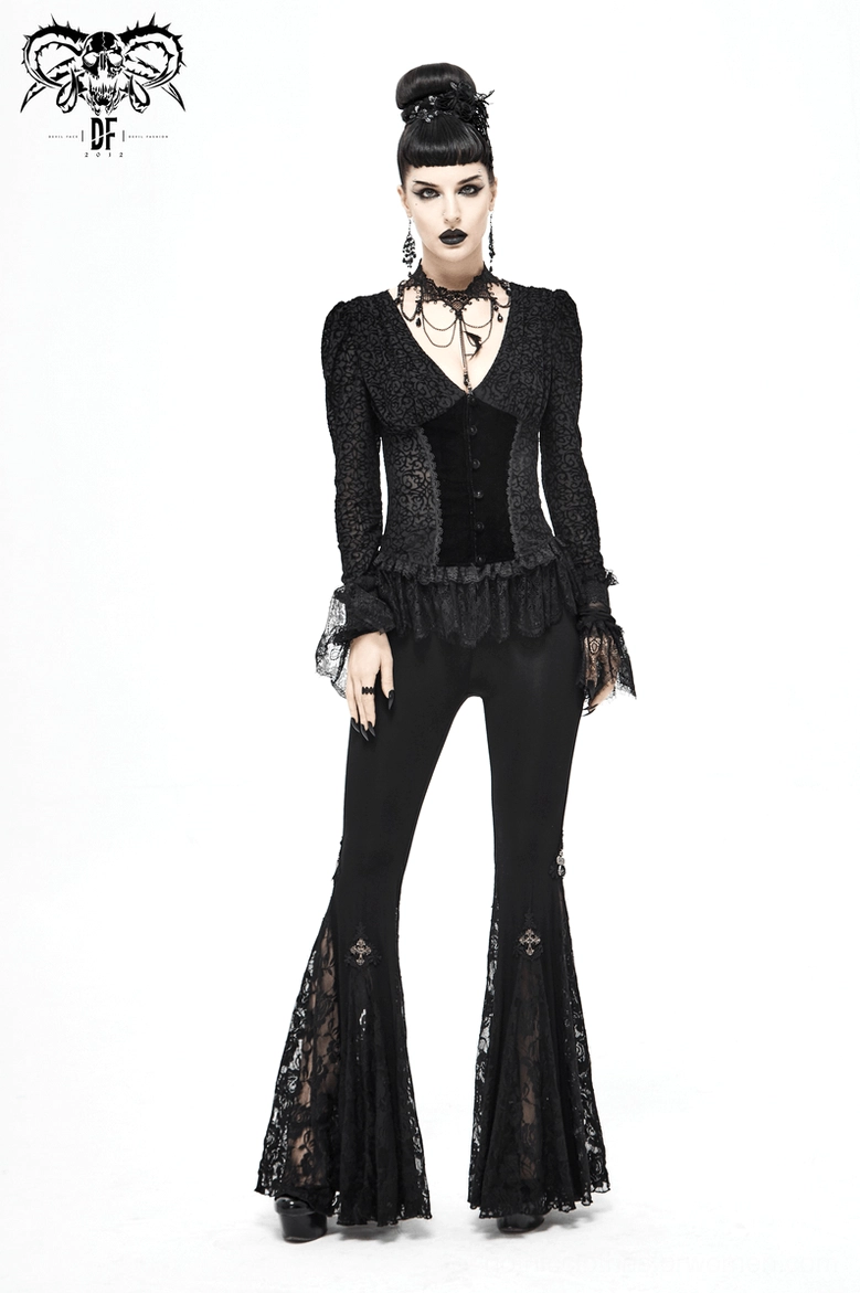 Full-length side profile of black gothic lace flare leggings on model wearing alternative fashion styling with platform boots