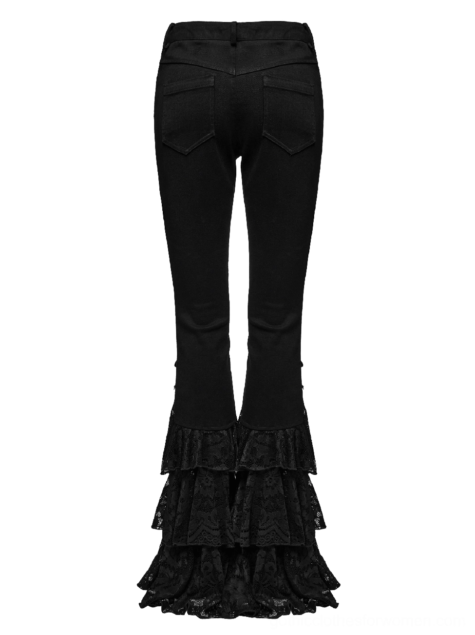 Black gothic lace flared pants rear flat lay view showing back pockets and tiered ruffled flare cuffs