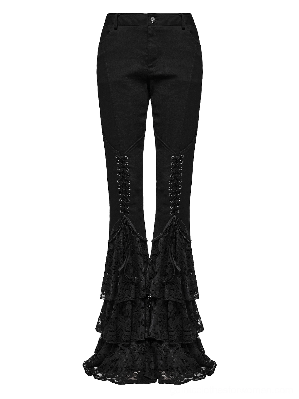 Black gothic lace flared pants flat lay front view displaying fitted silhouette and intricate lace-up details