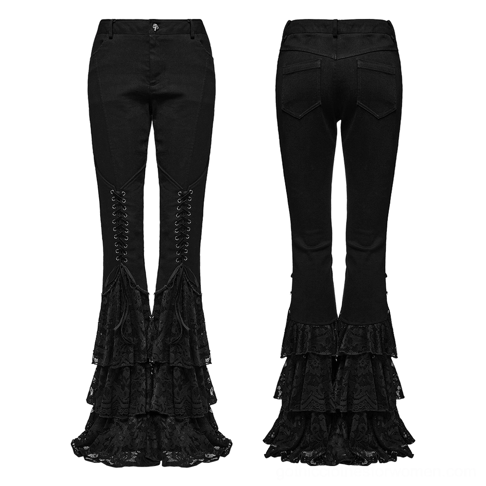 Black gothic lace flared pants flat lay showing front and rear silhouette with multi-tier lace flare cuffs