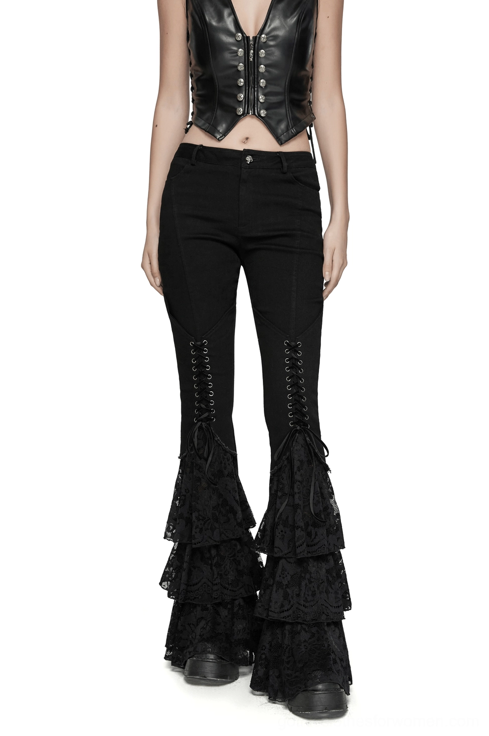 Black gothic lace flared pants with V-shaped drawstring front view on model showing tiered ruffled cuffs and slim-fitting silhouette