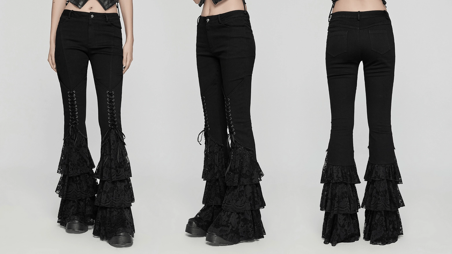 Black gothic lace flared pants flat lay showing full length silhouette and lace texture