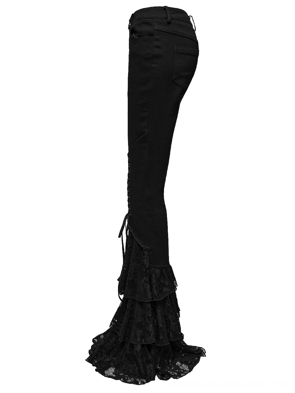 Black gothic lace flared pants side view flat lay showing side drawstring lace and layered hem construction