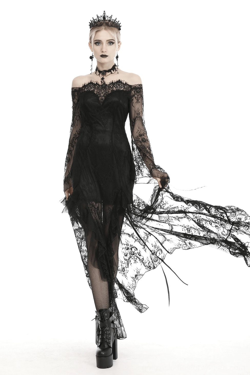 Black lace gothic evening gown detail of scalloped lace edging and mesh overlay