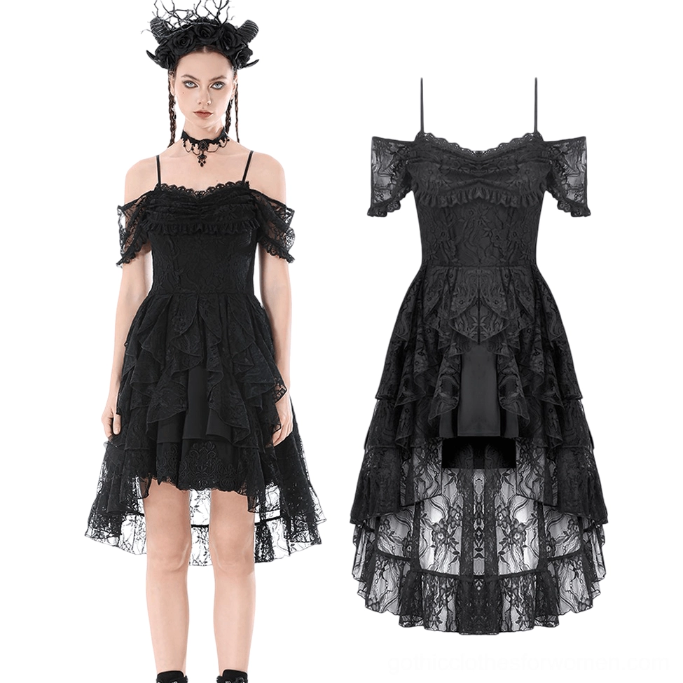Black gothic high-low lace dress flat lay, showing off-shoulder ruffled sleeves, layered ruffle skirt, and high-low silhouette detail