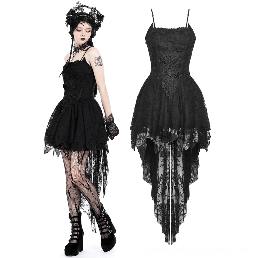 Black lace high-low gothic dress with rose appliqués and asymmetrical dovetail hem, three-quarter front angle