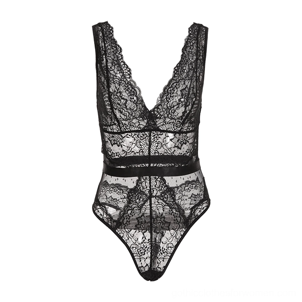 Black lace jumpsuit hanging flat display, front view showing deep V-neck sleeveless lace design