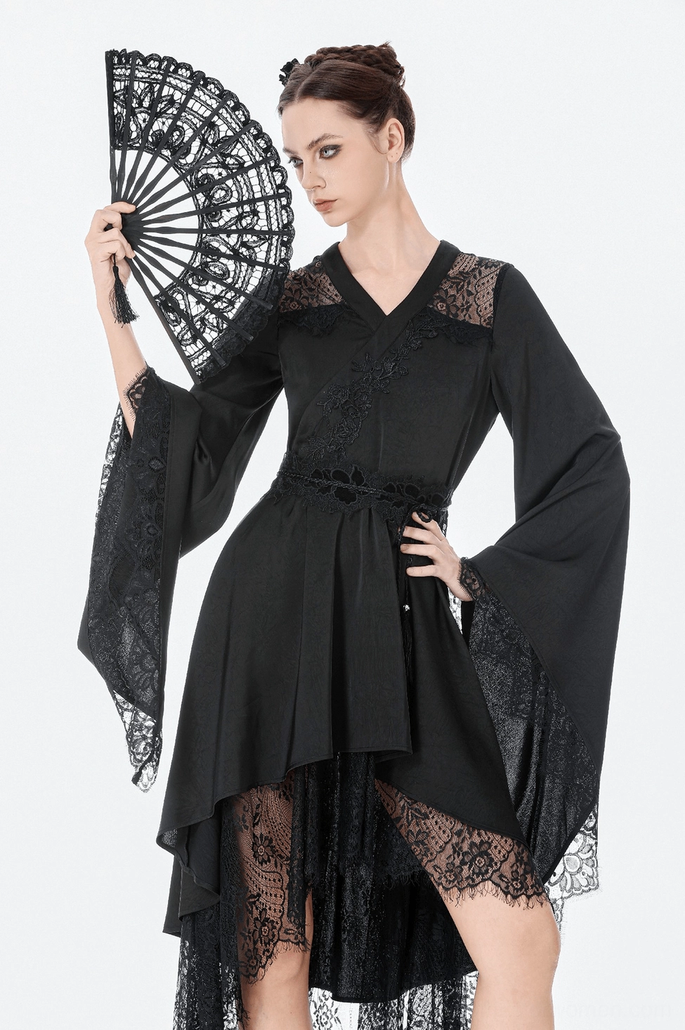 Black gothic lace kimono midi dress full body view highlighting bell sleeves and silhouette