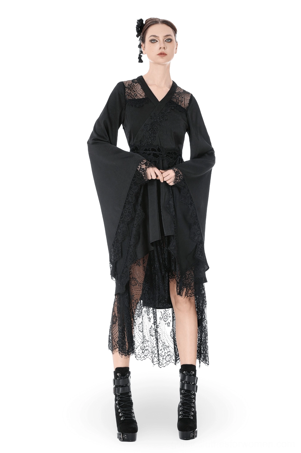 Black gothic lace kimono midi dress with bell sleeves and V-neckline, front full view on model