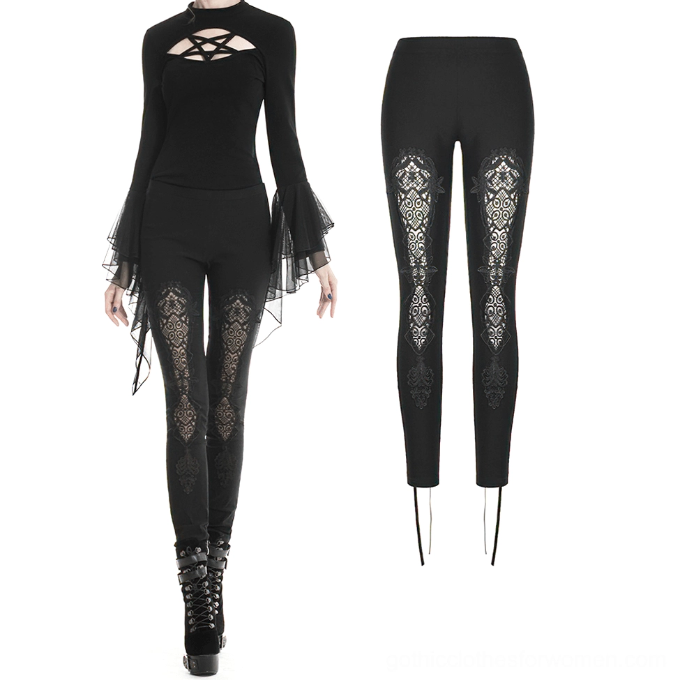 Full outfit styling with black gothic lace leggings on model and flat lay product shot showing thigh floral lace and ankle drawstring design
