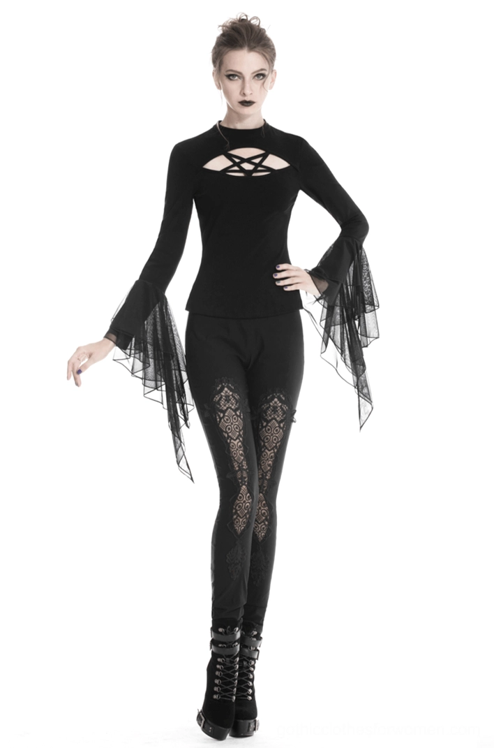 Product photography of black gothic lace leggings showing premium rayon nylon spandex blend material with visible lace detail elements