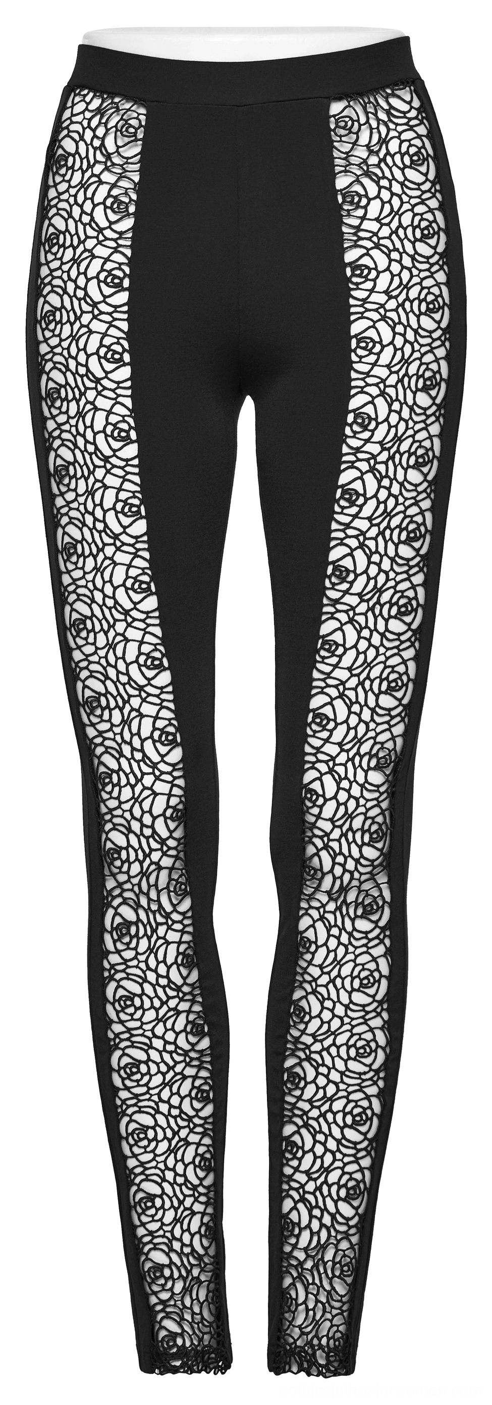 Black gothic lace leggings front display showing slim fit and side lace details