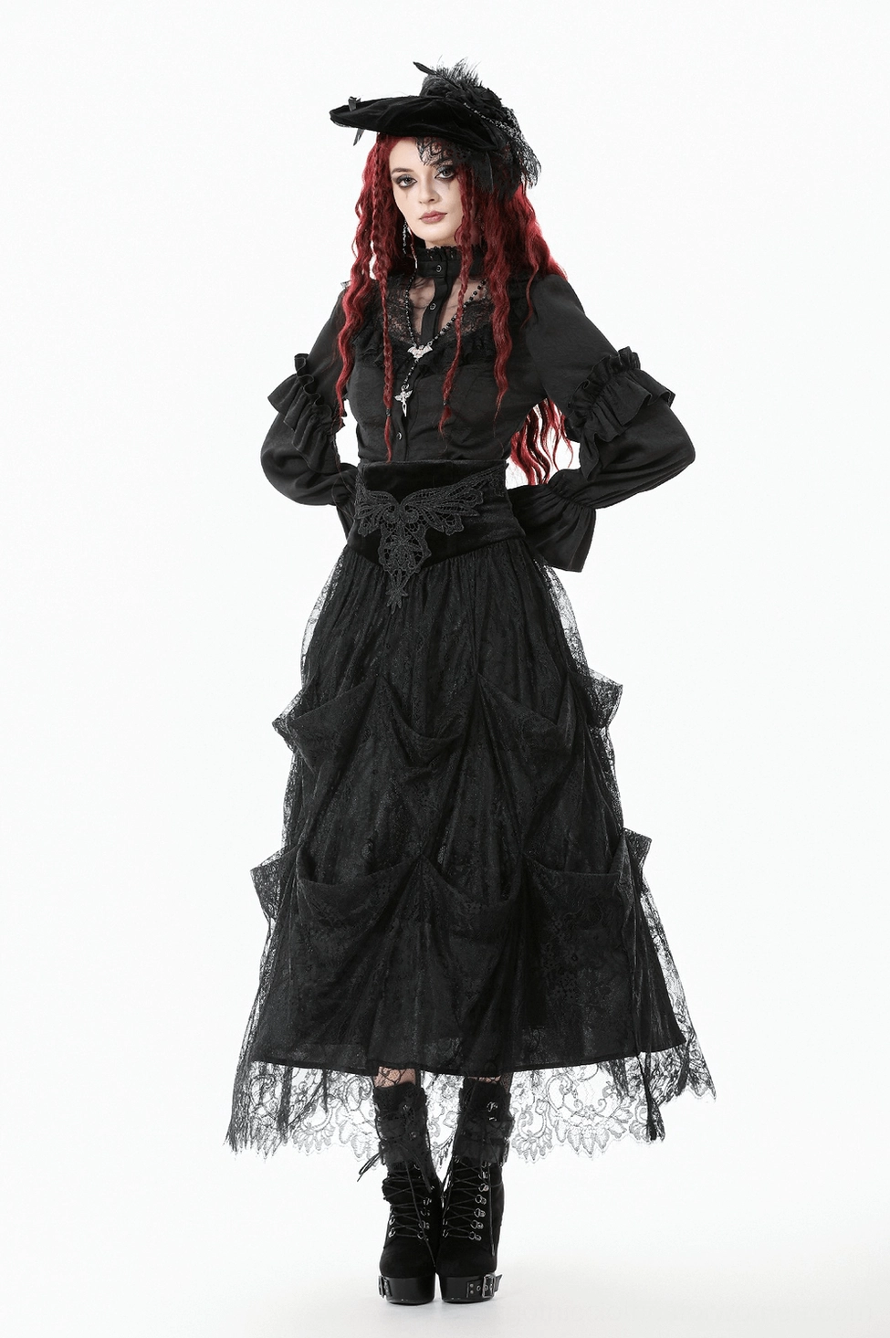 Black gothic lace long skirt product perspective highlighting silhouette and Victorian-inspired tiered lace layering