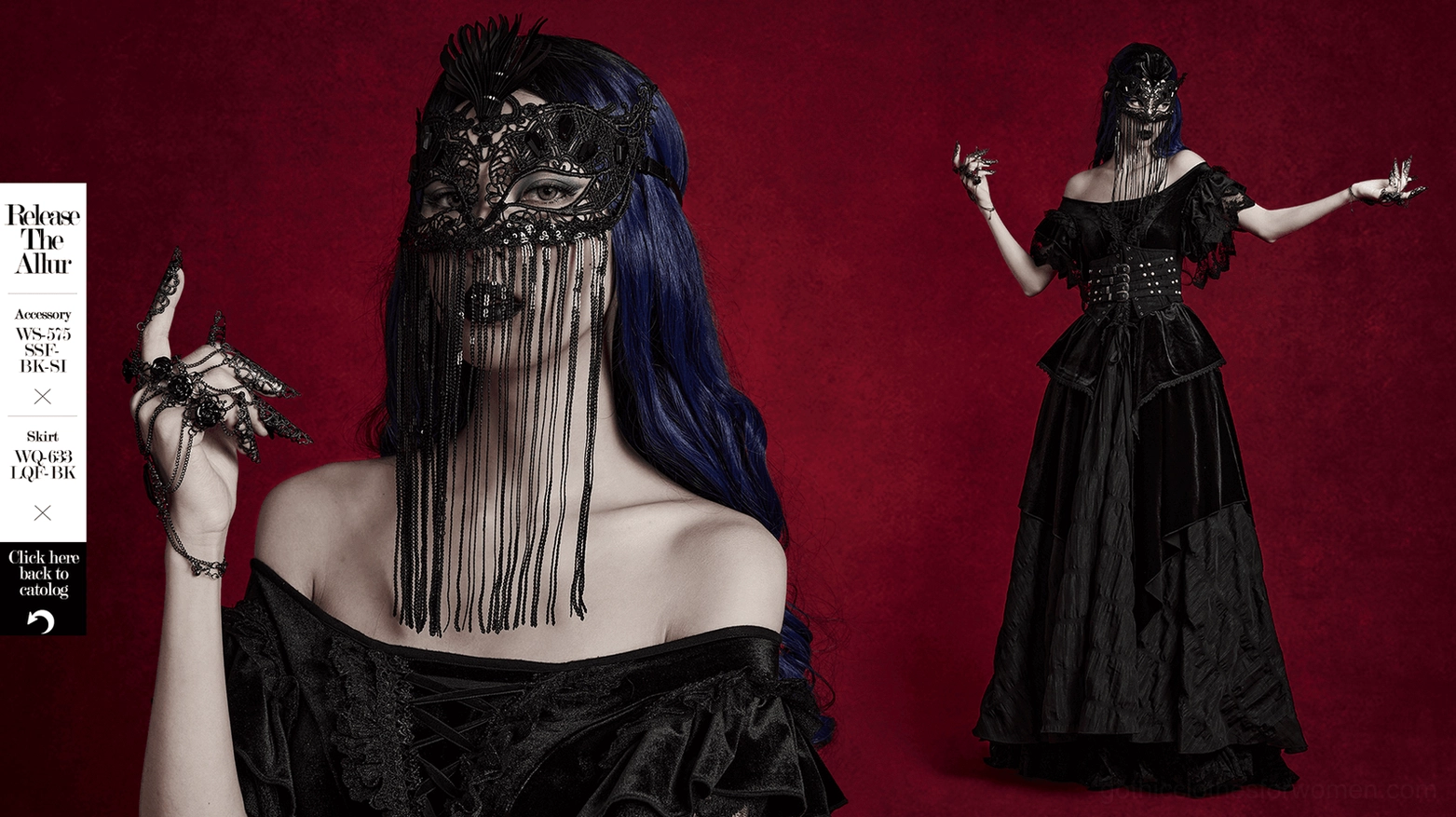 Black gothic lace masquerade mask with sequin tassels and feather ornament product showcase