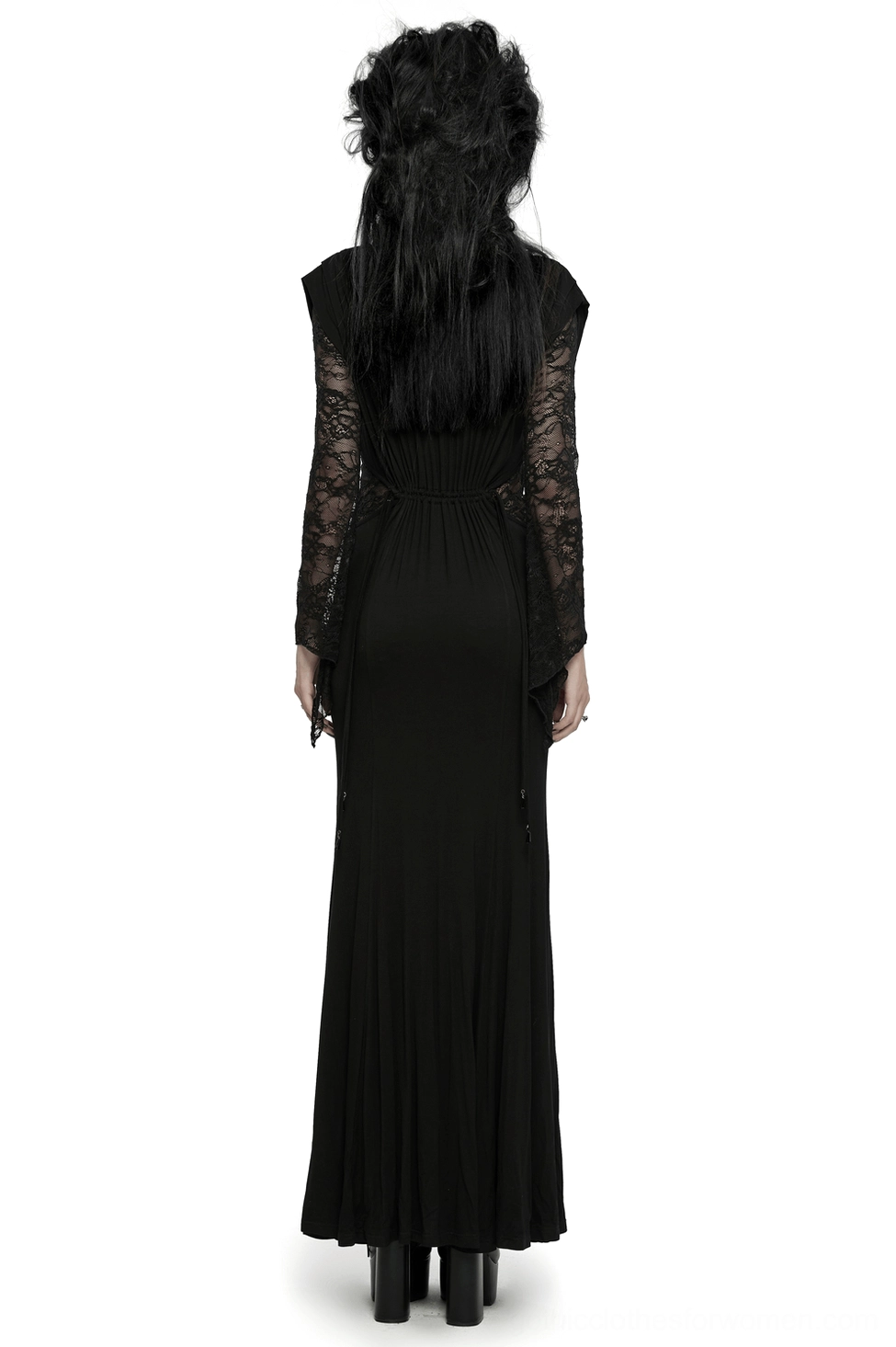 Black gothic lace maxi dress rear view, long floral lace sleeves and floor-length hem detail