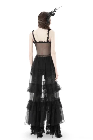 Black gothic sheer lace maxi dress back view showing spaghetti straps and layered lace skirt