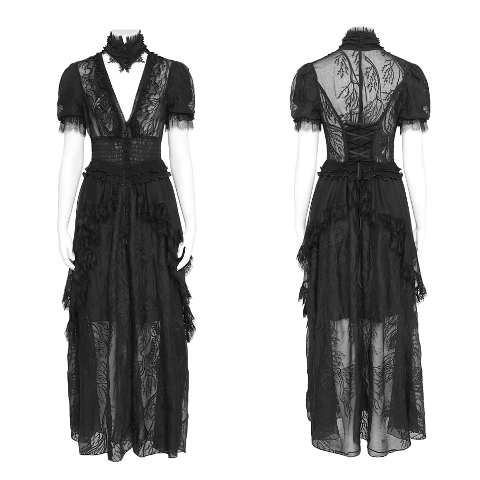Black gothic lace maxi dress dual mannequin display showing front V-neck choker and rear lace-up corset design