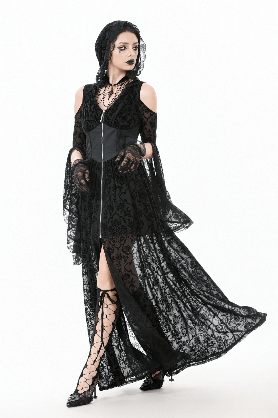 Black lace gothic maxi dress showing overall fit and elegant floor-length silhouette