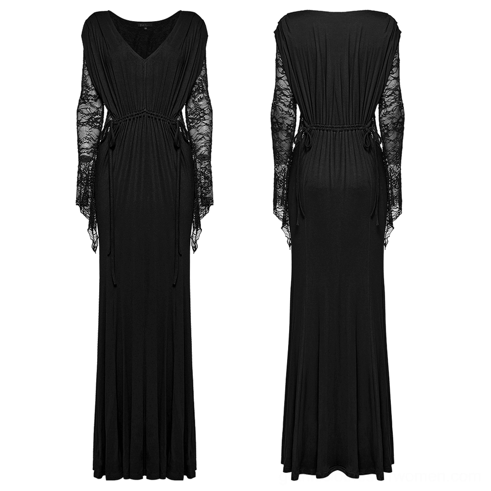 Black gothic lace floor-length maxi dress with flared lace sleeves and solid knit body