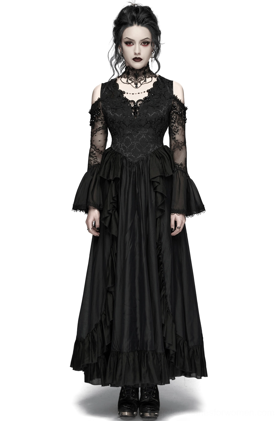 Black gothic lace maxi dress front view on model, showing crystal pendant bodice, sheer lace sleeves, layered ruffle skirt, and cold shoulder design - alternative fashion evening gown