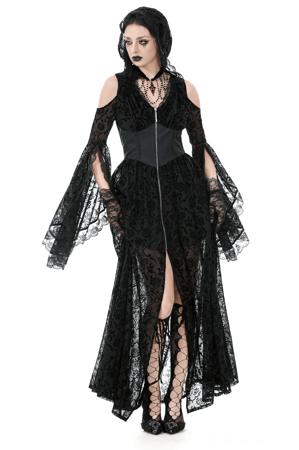 Black lace hooded cold shoulder gothic maxi dress front view on model with flared bell sleeves and front zip closure