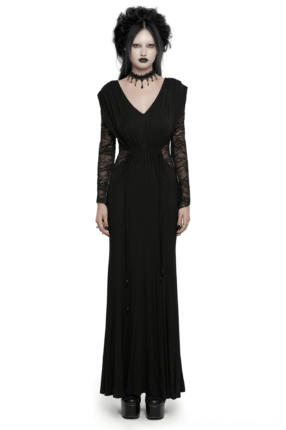 Black gothic lace maxi dress with V-neck and drawstring waist, front full-body view on model wearing platform boots