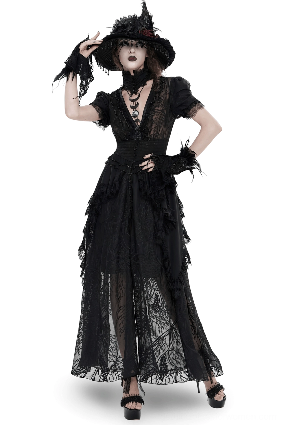 Black gothic lace mesh maxi dress front view with short puff sleeves, fitted corset waist, and layered ruffled sheer skirt
