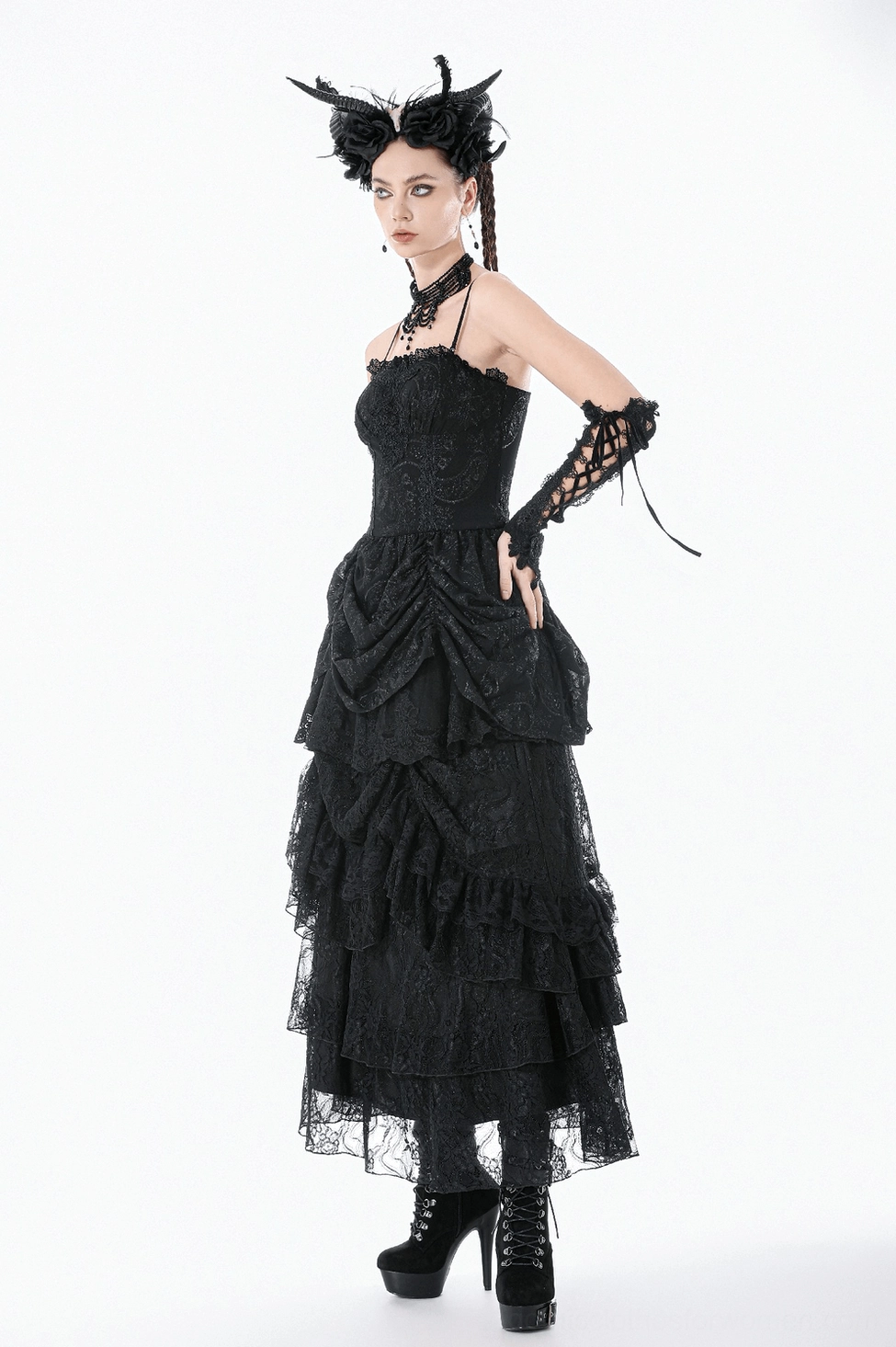 Gothic black lace dress full-body view, demonstrating elegant maxi silhouette and form-fitting design
