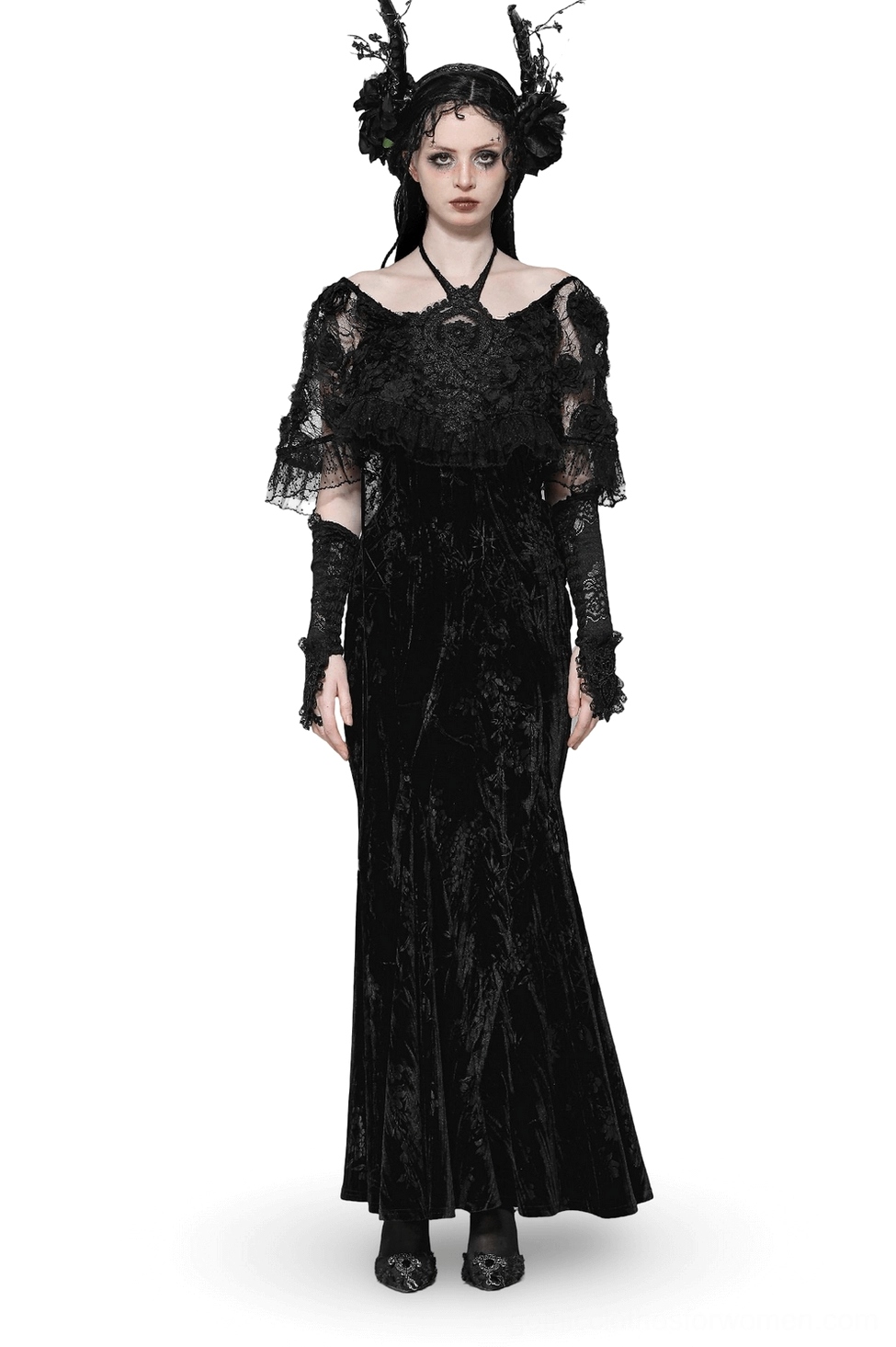 Black gothic lace velvet maxi dress with halter neckline and lace cape overlay, front full-body view on model