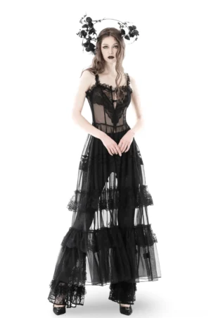Black gothic lace maxi dress front view with heart cutout and sheer tiered mesh panels on model
