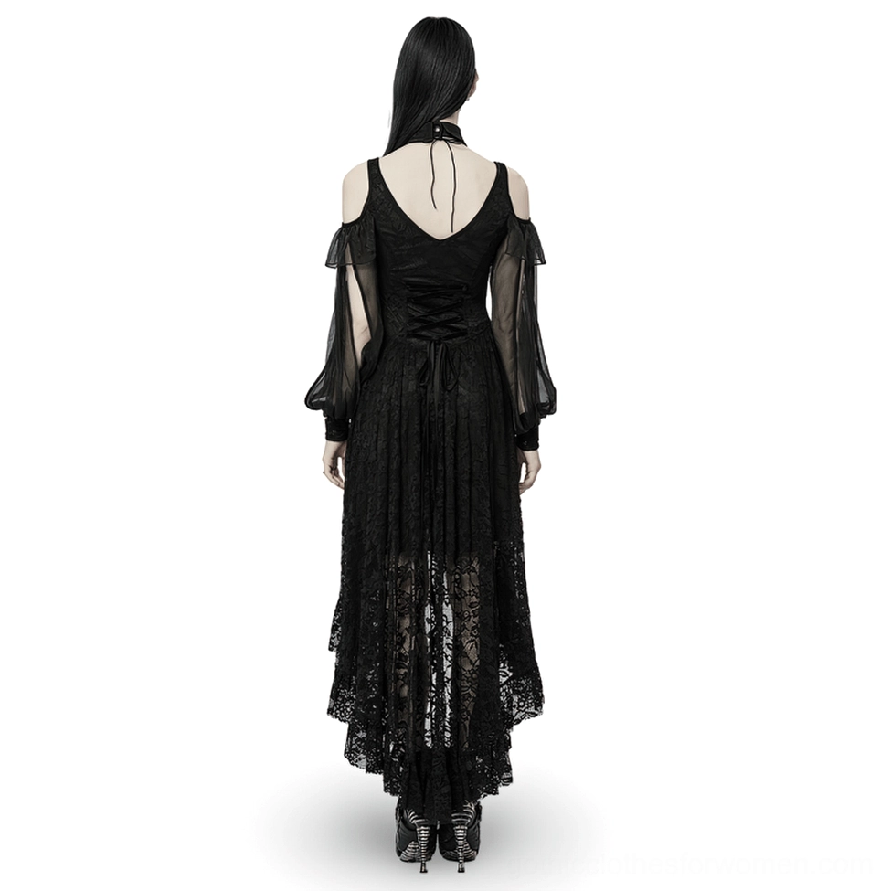 Gothic black lace maxi dress featuring open lace-up back design and asymmetrical hem, back view on model