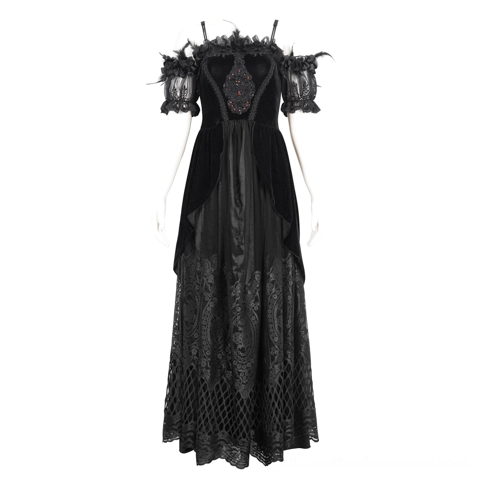 Black gothic off-shoulder lace maxi dress on mannequin - full front view with feather trimmed sleeves and sheer lace lower skirt detail