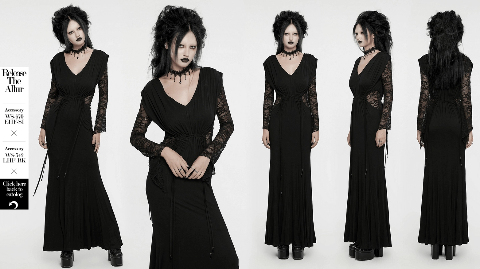 Black gothic lace maxi dress complete product view in studio lighting showing all design elements
