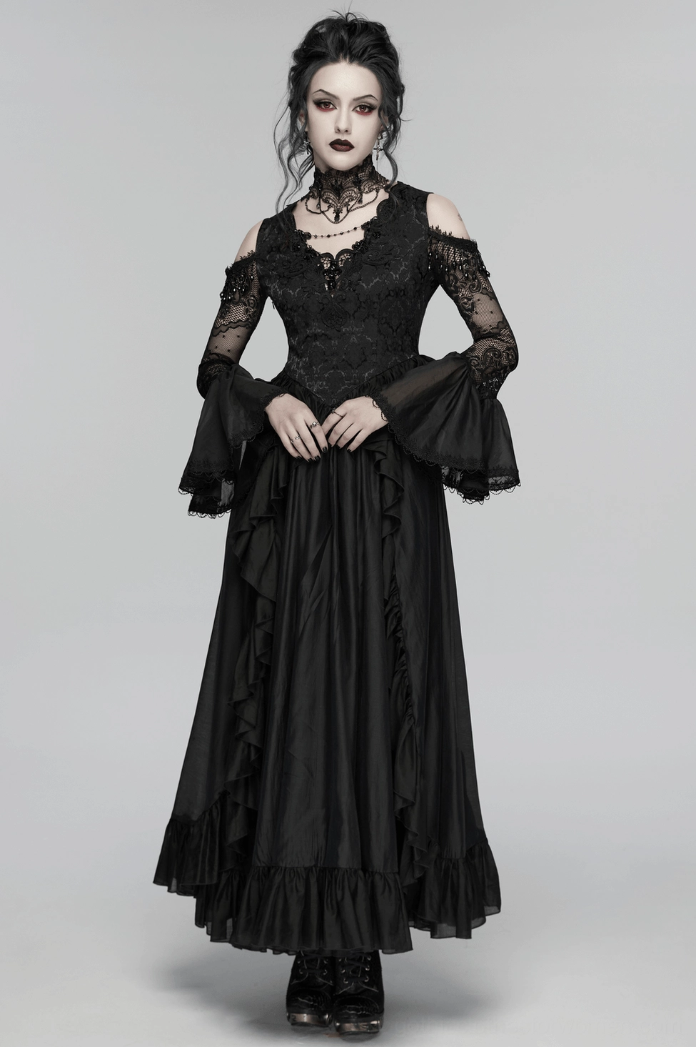 Black gothic lace maxi dress full-body model styling view, demonstrating overall silhouette, proportions, sheer lace elements, and complete gothic aesthetic