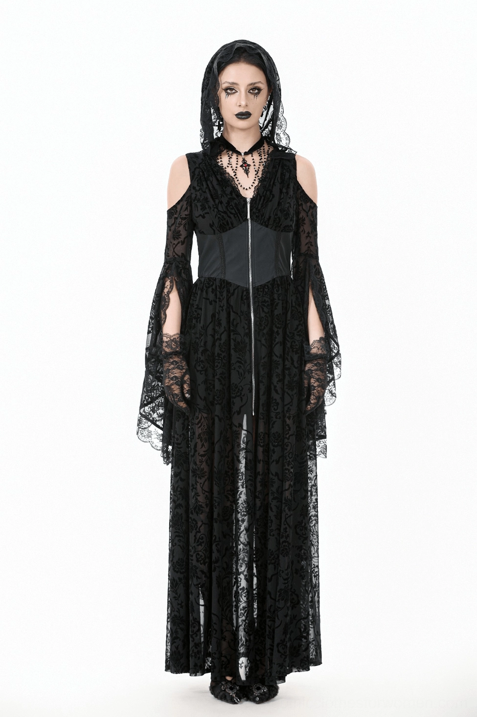 Black lace gothic maxi dress full body view showing dramatic silhouette and floor-length design