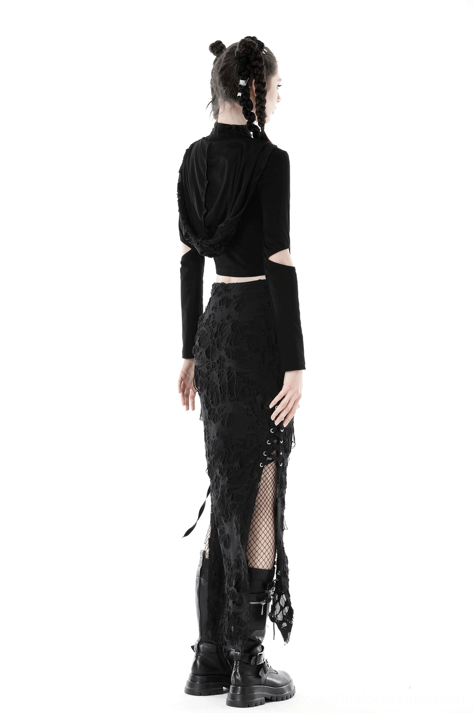 Black gothic maxi skirt alternative angle showcasing side split, lace detailing, and silhouette definition