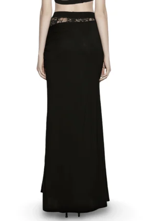 Black gothic lace maxi skirt rear view on model, displaying high waist and lace waistband construction