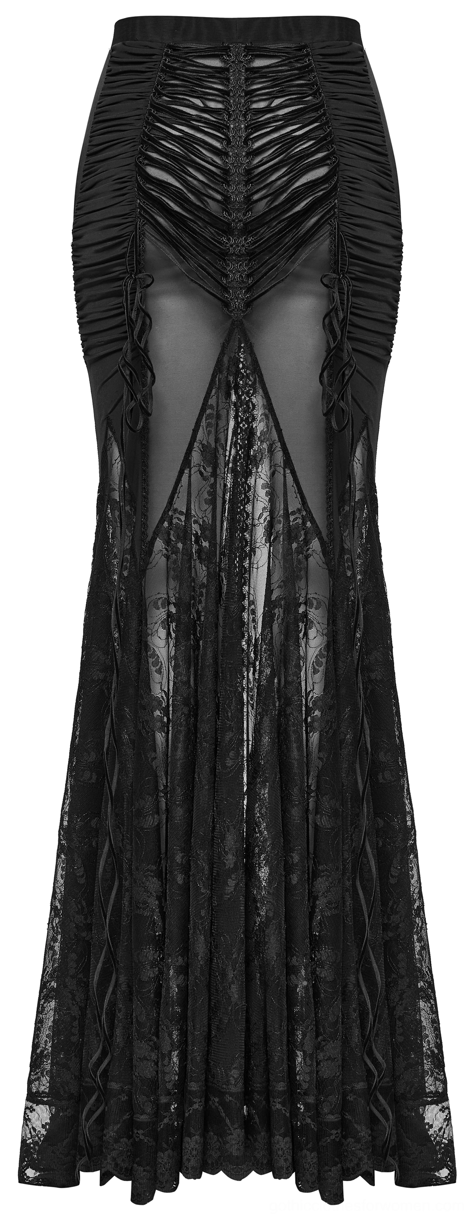 Black lace gothic maxi skirt with dramatic fishtail silhouette and ruched front, flat lay detail