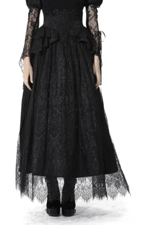 Black gothic lace maxi skirt with cascading ruffles front view on model wearing sheer lace sleeves