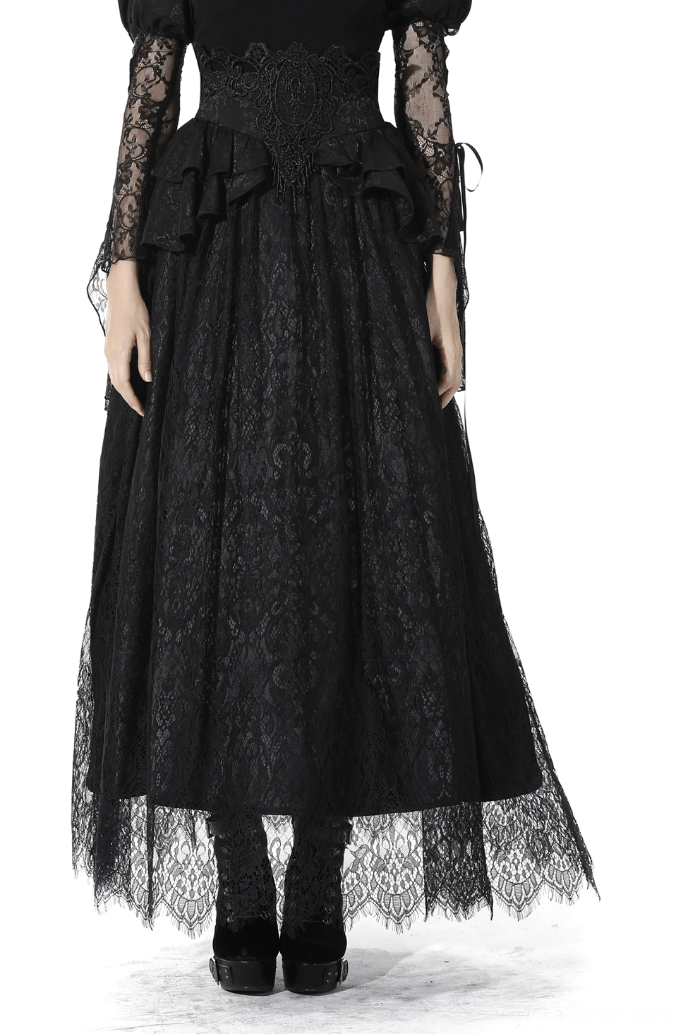 Black gothic lace maxi skirt with cascading ruffles front view on model wearing sheer lace sleeves