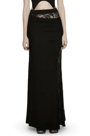 Black gothic lace maxi skirt front three-quarter view on model, showcasing asymmetrical pleats and side slit detail