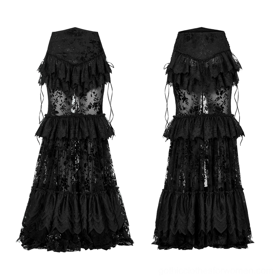 Black gothic lace sheer maxi skirt three-quarter view on mannequin displaying dual side lace-up straps and tiered floral lace design